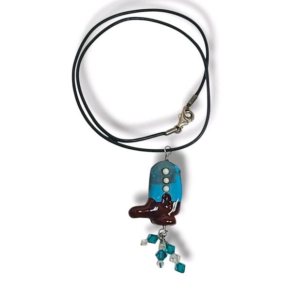 Lampwork Glass‎ Cowboy Boot Pendant Necklace Leather Cord Sterling Silver Clasp - Picture 2 of 5